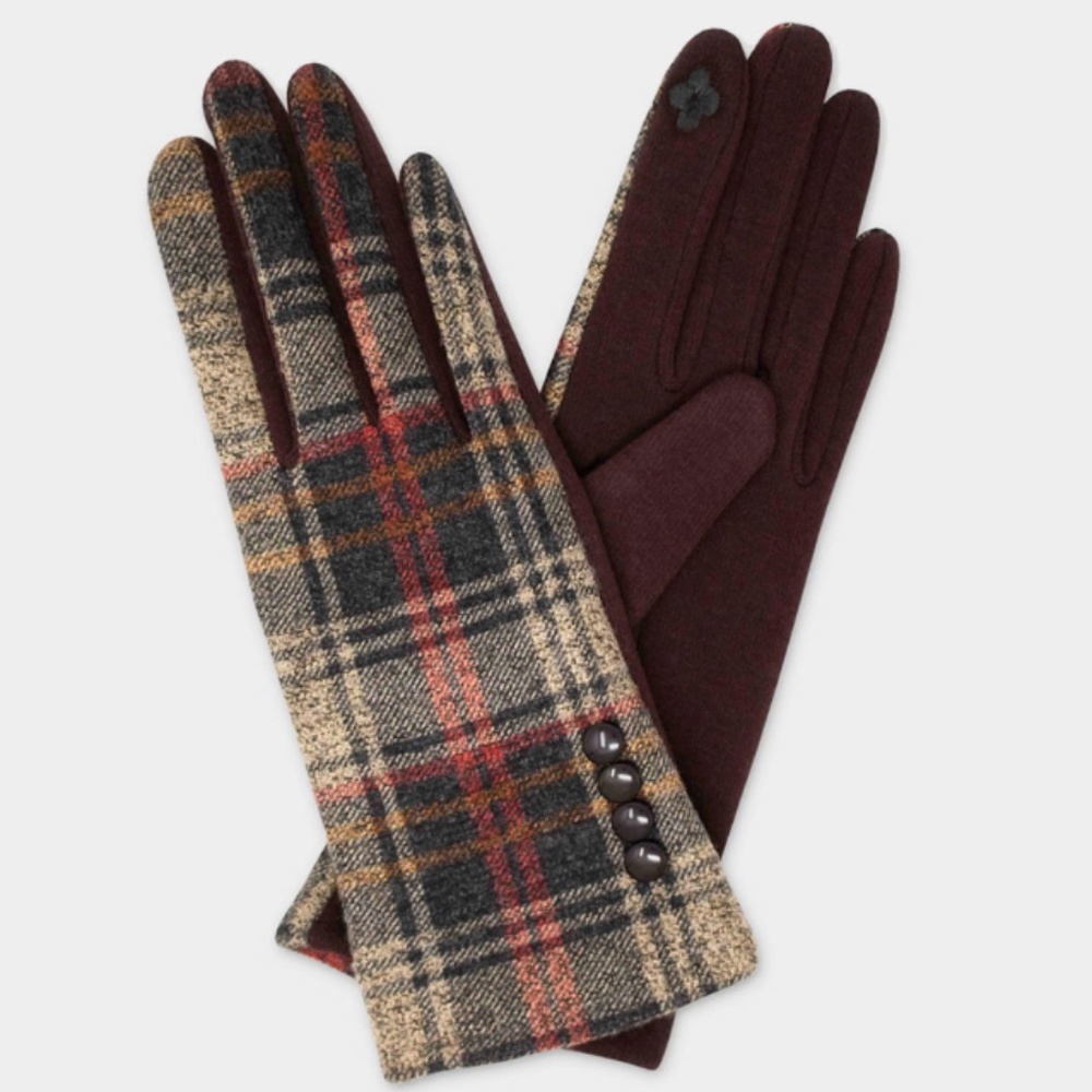 MADRAS PLAID WITH BUTTON ACCENT SMART GLOVES-Brown